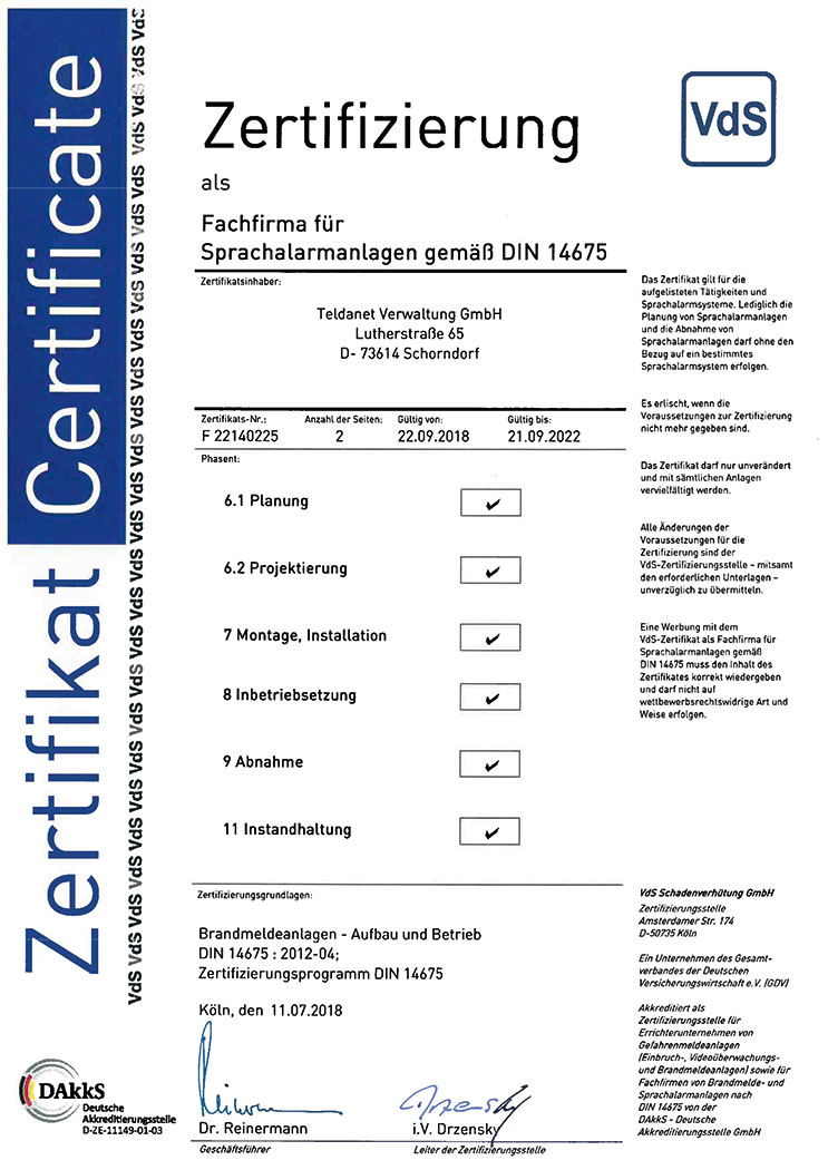 Teldanet GmbH: Unternehmen Zertifikat DIN 14675 SAA